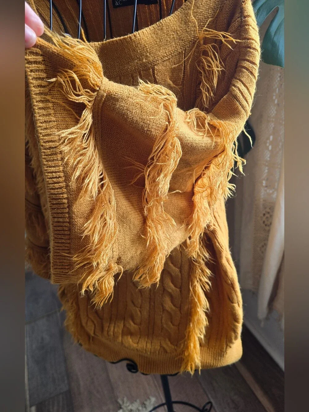 New York & Company Mustard Yellow Cable Knit Fringe Trim Boatneck Sweater L